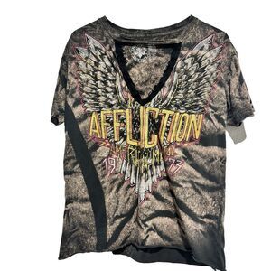 AFFLICTION Shirt Womens M Brown AMERICAN METAL 1973 Rock N‎ Roll Flawed Y2K